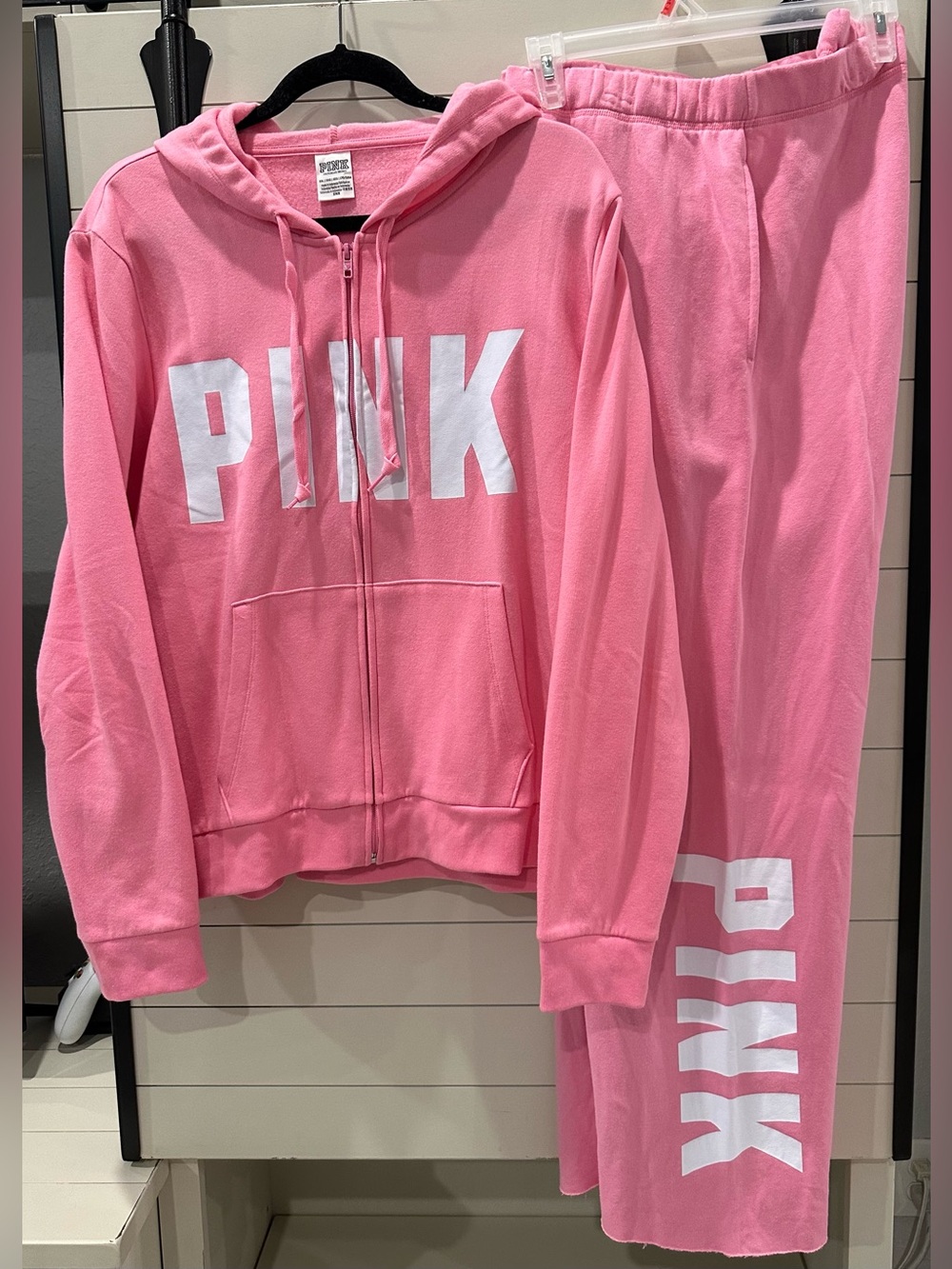 NWOT PINK Victoria's Secret Bright Pink Zip Hoodie (XXL) & Sweatpants (XL) Set